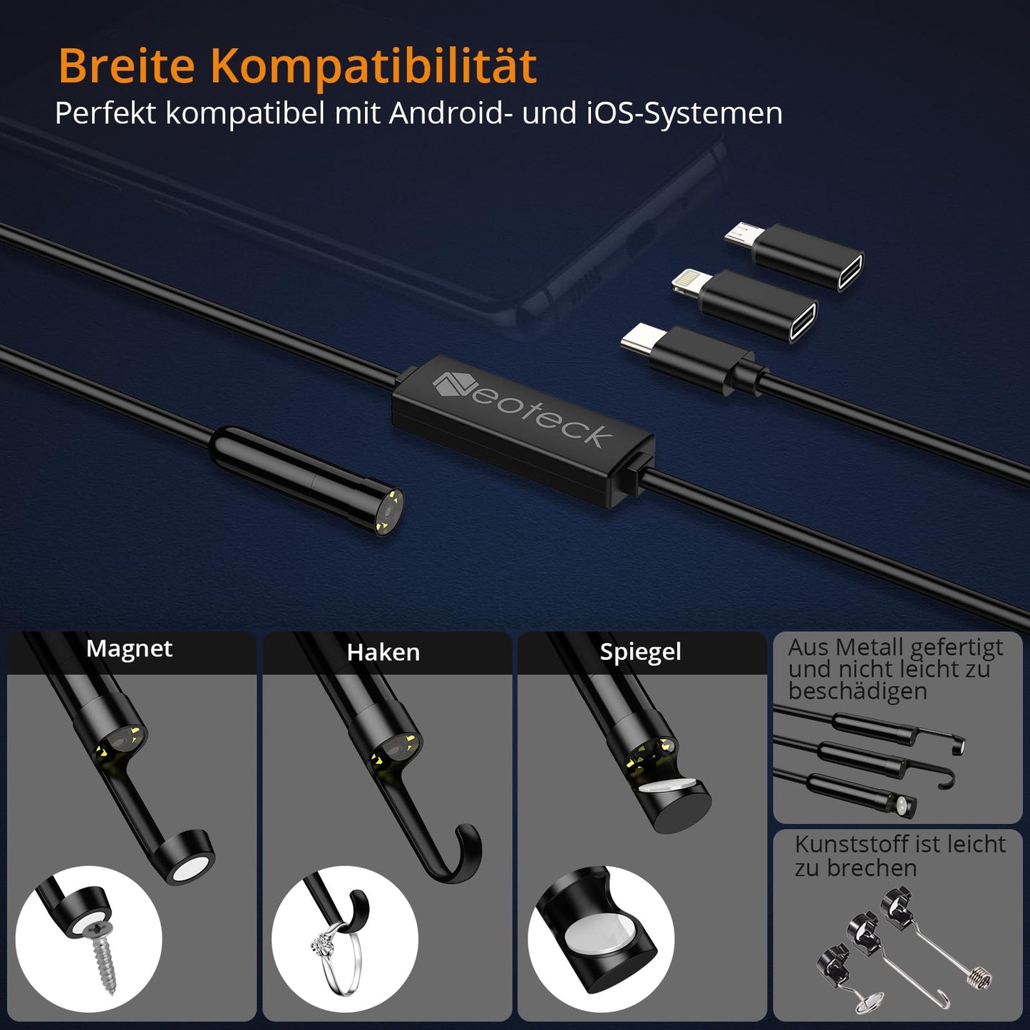 Neoteck Endoscope Camera 1920P HD Snake Inspection Camera Waterproof with 8 LED Lights Inspection Camera Pipe Camera for Android and iOS Smartphone (5M)