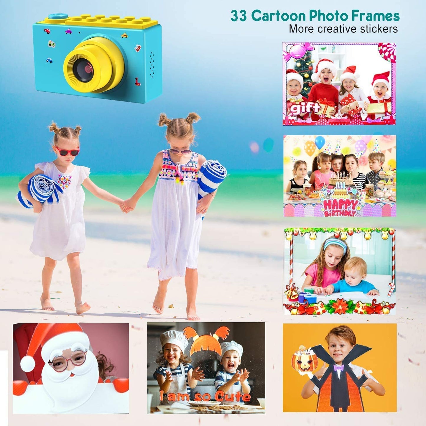 Kriogor Camera Kids, waterproof kids digital camera and video camera with HD 1080P/8MP/2 inch screen/32G TF card, gifts for kids (Blue)