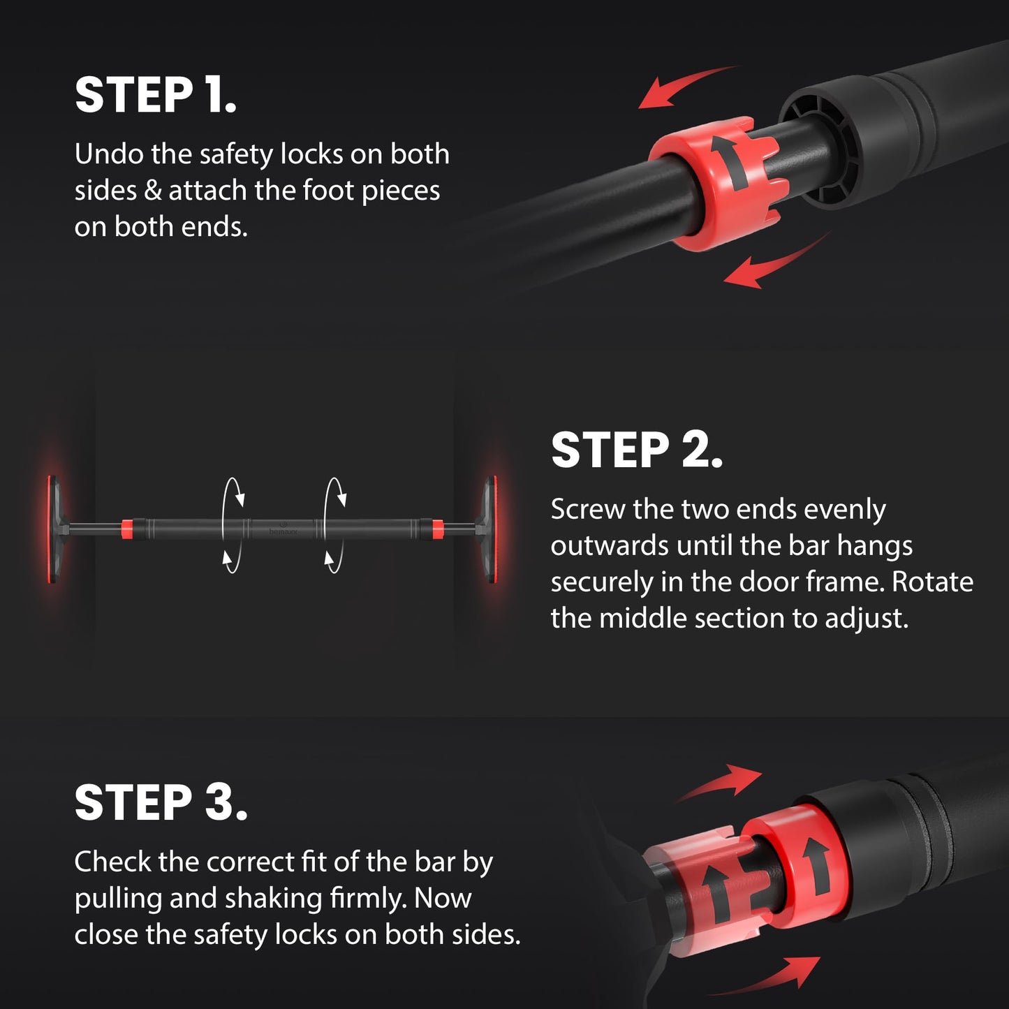 BeMaxx pull-up bar for door frame without screws/drilling + training eBook. Professional door pull-up dip bar with padded handles. Hang in door at home for fitness workout.