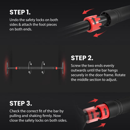 BeMaxx pull-up bar for door frame without screws/drilling + training eBook. Professional door pull-up dip bar with padded handles. Hang in door at home for fitness workout.