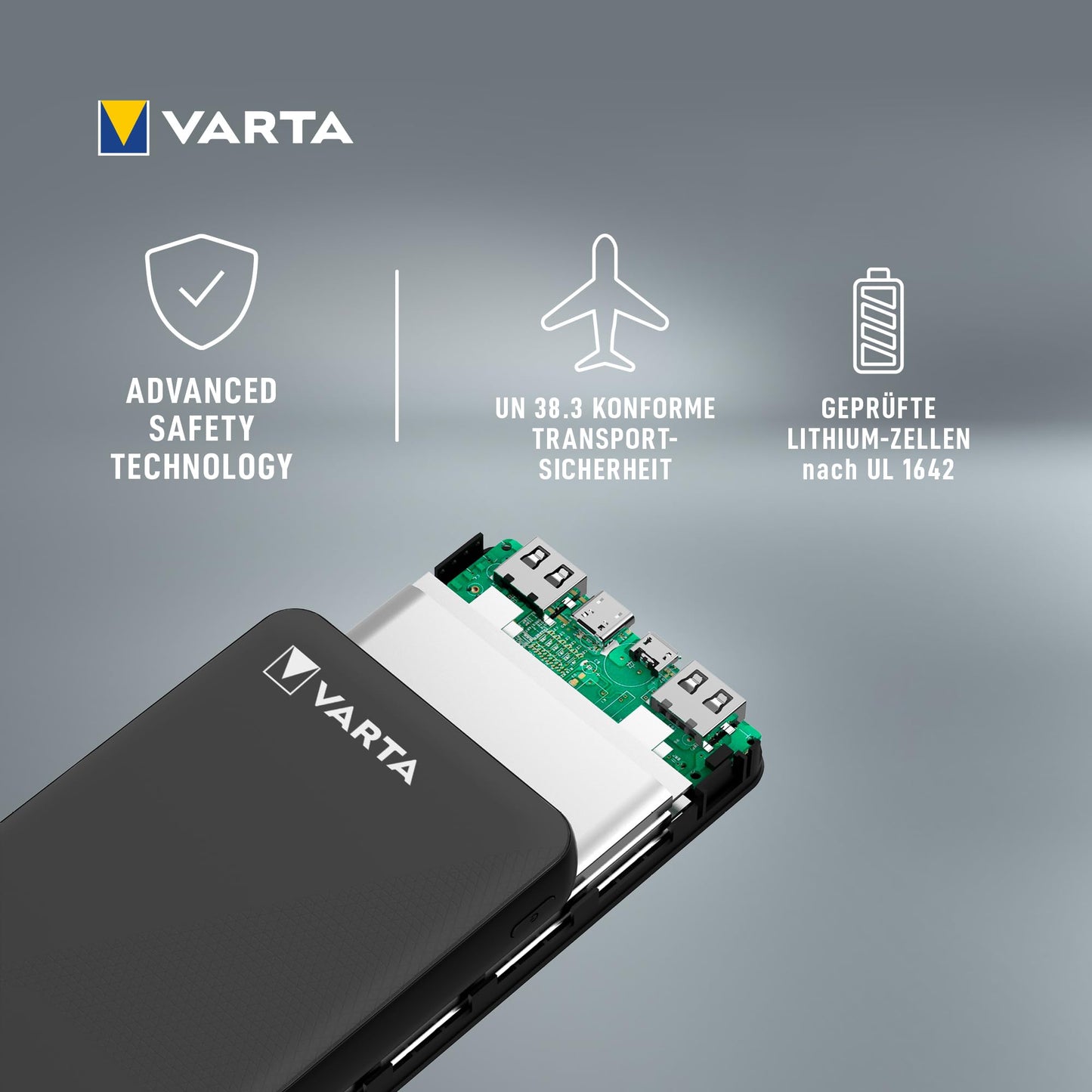 VARTA Power Bank 20000mAh, Power on Demand Powerbank with 4 ports (1x Micro USB, 2x USB A, 1x USB C), compatible with tablets & smartphones, in environmentally friendly packaging.