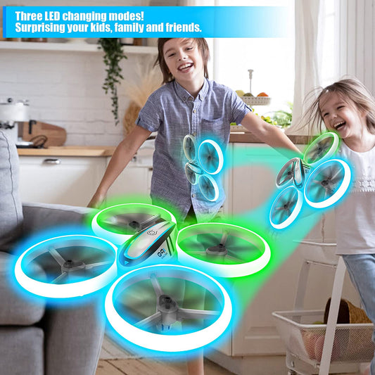 AVIALOGIC Q9s Drone for kids with altitude hold and headless mode, RC Quadcopter with blue & green lights and 2 batteries, toy drone for children and beginners.