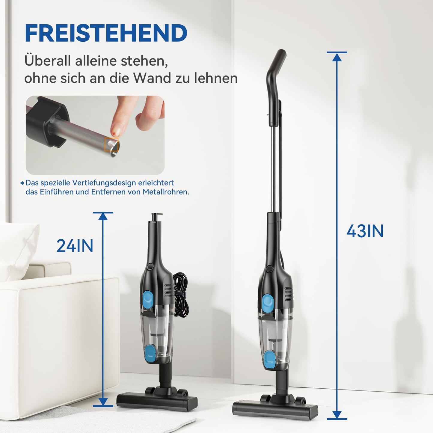 Vacuum cleaner, corded stick vacuum with cable hand vacuum 20Kpa 600W, 3 in 1 bagless vacuum with 5m cable, vacuum cleaner without bag Vacuum Cleaner Anti-Tangle for pet hair carpet hard floors