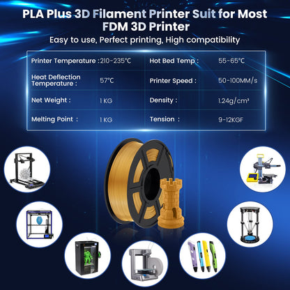 SUNLU PLA+ Filament 1.75mm, PLA Plus 3D Printer Filament, Stronger, Neatly Wound, 1KG 3D Printing PLA+ Filament, Dimensional Accuracy +/- 0.02mm, Gold