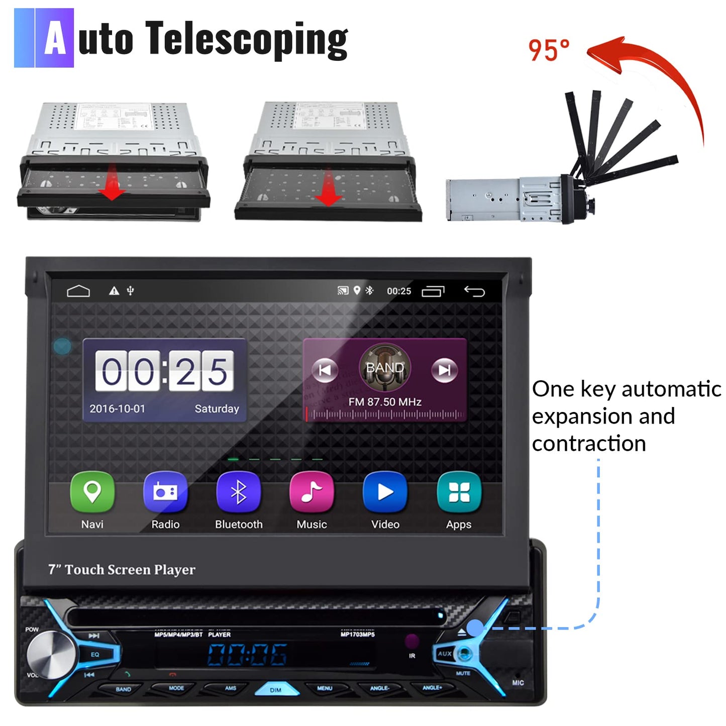 2GB+32GB Android car stereo 1 Din with GPS navigation DVD CD 7 inch Automatic retractable touchscreen DVD car stereo with Bluetooth Mirror Link AM/FM Radio WiFi/USB/AUX/EQ/DAB Radio with rear camera microphone