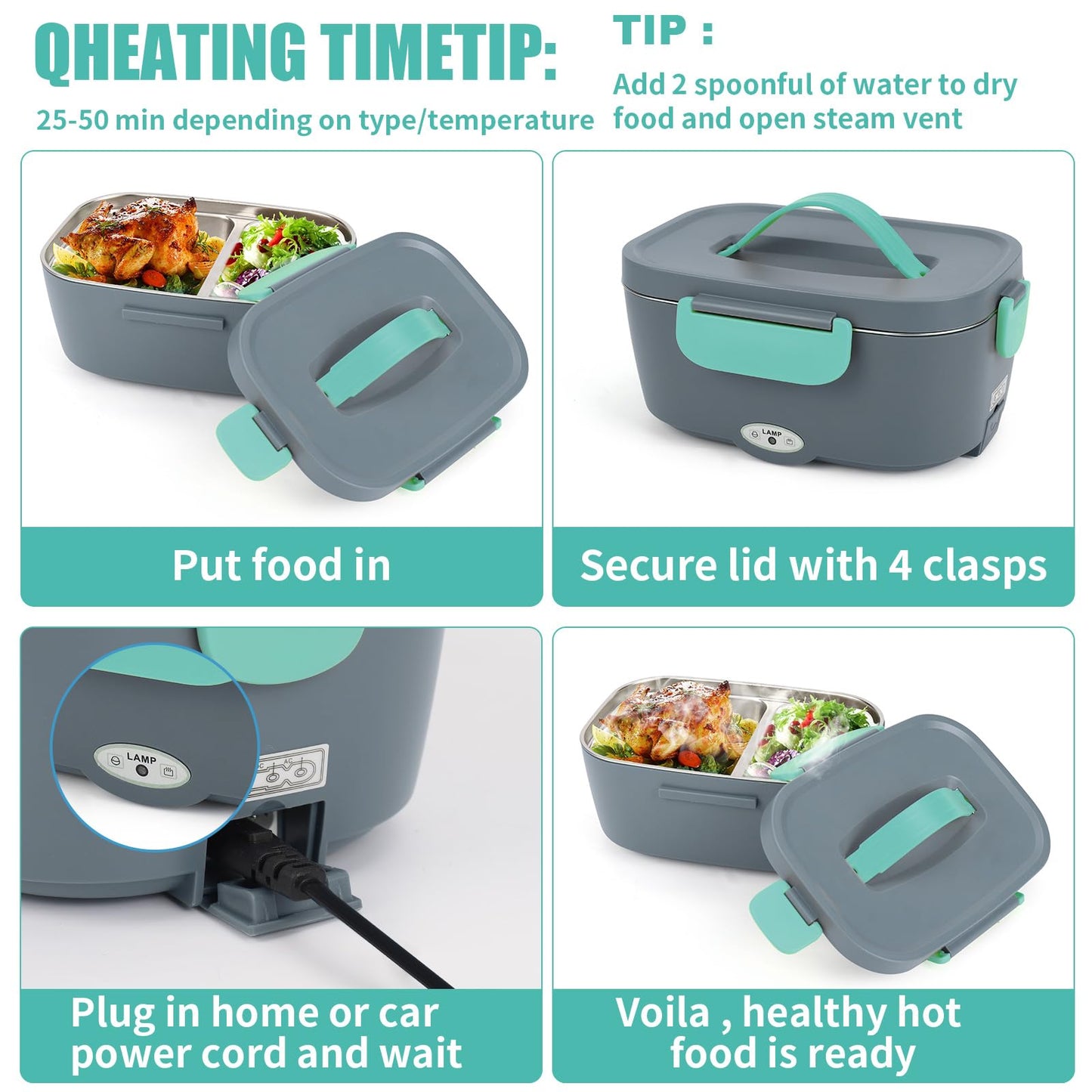 Electric Lunch Box Food Warmer Car 3 In 1 (12V/24V/220V) 1.5L with Fork Spoon 80W Removable Stainless Steel Heating Lunch Box Electric Lunch Box Portable Insulated Container for Truck Home Camping