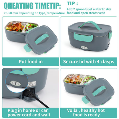 Electric Lunch Box Food Warmer Car 3 In 1 (12V/24V/220V) 1.5L with Fork Spoon 80W Removable Stainless Steel Heating Lunch Box Electric Lunch Box Portable Insulated Container for Truck Home Camping
