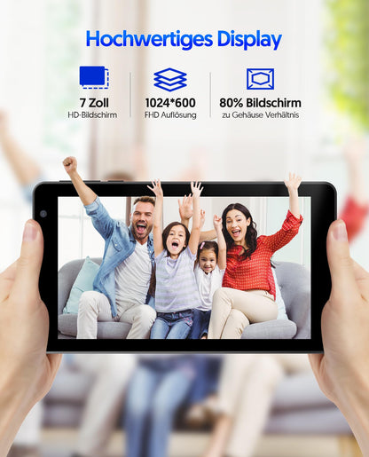 7-inch BAKEN tablet, Android 14 tablet with 8GB RAM+64GB ROM, 1TB expansion, Octa-Core processor tablet PC, 600 x 1024 IPS HD screen, 3500mAh battery, dual camera, WiFi (Black).