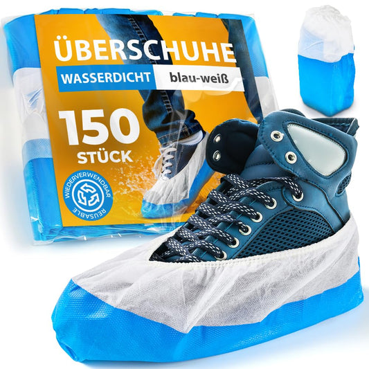 ISC Hygiene & Safety 150x waterproof blue-white shoe covers from Overshoes Reinforced Extra Strong >9g - non-slip shoe covers - one size fits all, disposable reusable galoshes