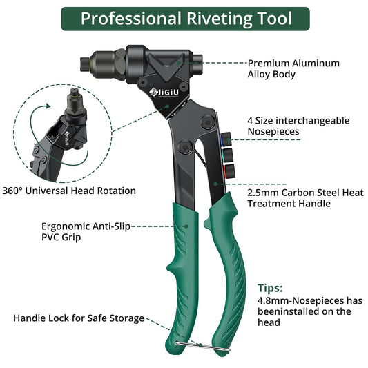 JiGiU Rivet Nut Tool 360° Rotating Head 3 IN 1 Rivet Nut Gun Rivet Tool Kit with 4 Metric Mandrels M3-M6, 4 Nosepieces 2.4-4.8mm, 2 Rivet Drills Riveting Tools Rivet Set All in Box (40 Nuts & 40 Rivets)