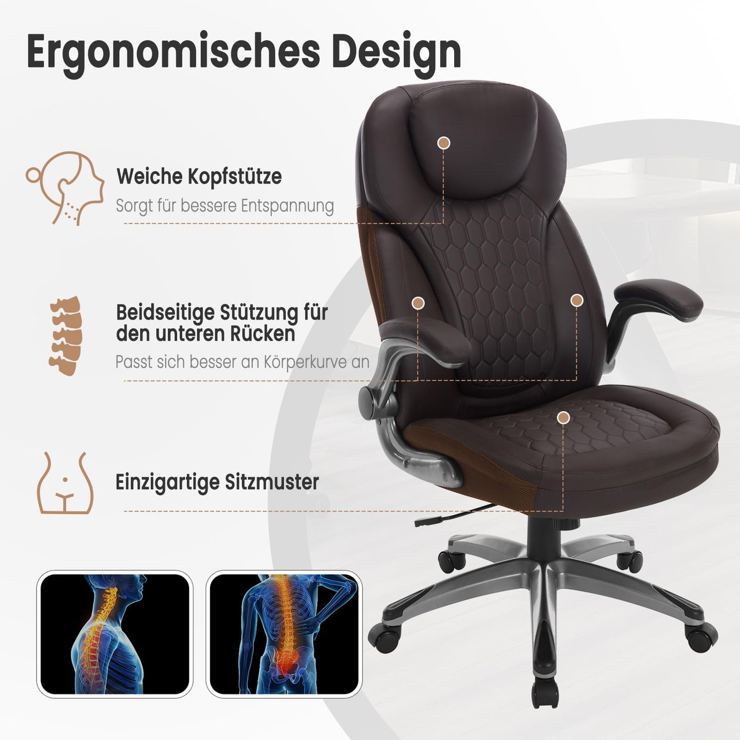 WOLTU office chair 200kg, ergonomic desk chair, executive chair with headrest armrests, height adjustable office chair for office conference room, faux leather, brown