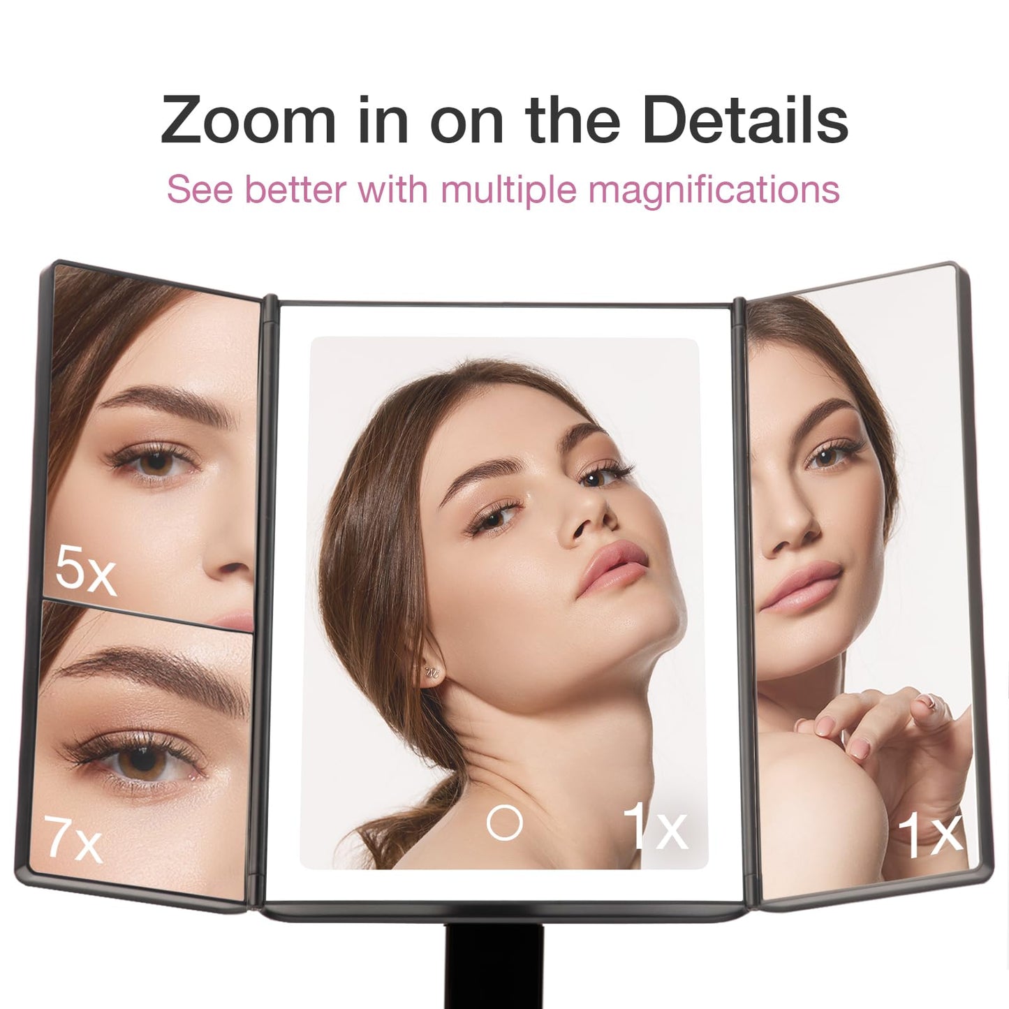 Fancii cosmetic mirror with natural LED light - illuminated makeup mirror with 5x and 7x magnification mirrors - dimmable lights, touch illumination, tabletop mirror - Sora (Black)