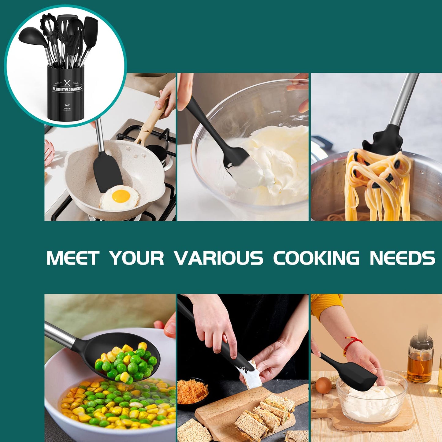 Umite Chef Kitchen Utensil Set, 15 pieces, silicone, heat resistant, non-stick, BPA-free, stainless steel handle, spatula, spoon, tongs, whisk, cookware