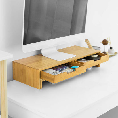 SoBuy BBF04-N Design Monitor Stand for 2 Monitors, Screen Stand Notebook Stand Desk Attachment with 2 Drawers, Width Adjustable Bamboo, Dimensions: 60-108x11x22cm
