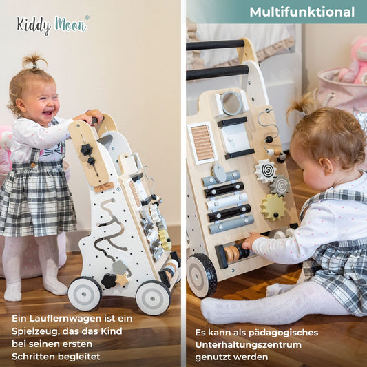KiddyMoon wooden baby walker for kids, walking aid fun for babies, learning to walk, multifunctional wooden toy for toddlers Montessori toy WK-001, black - white.