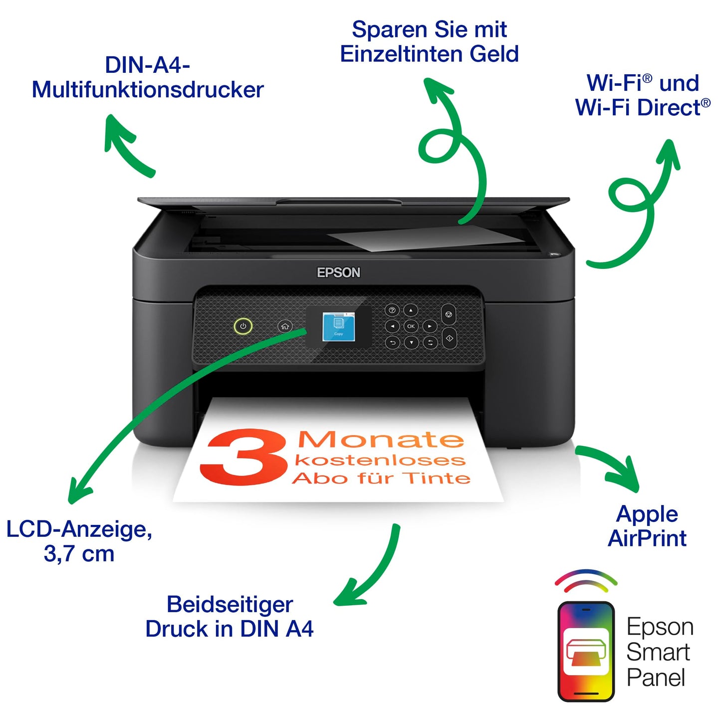 Epson Expression Home XP-3200 3-in-1 ink multifunction printer with scanner, copier, WiFi, single cartridges, duplex, 1.45 inch display, A4 size, includes 9 months of ReadyPrint Flex ink tariff.