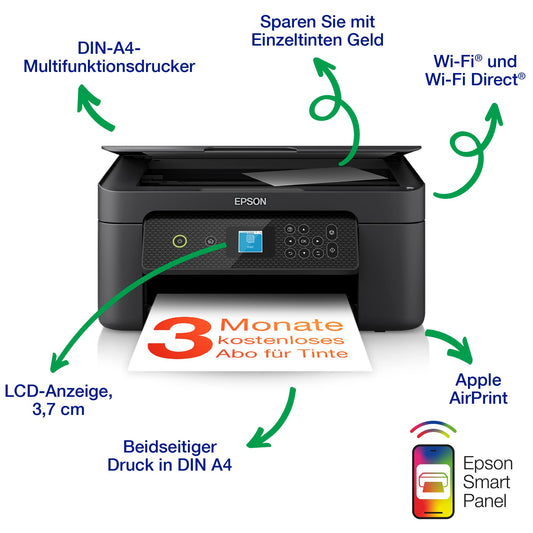Epson Expression Home XP-3200 3-in-1 ink multifunction printer with scanner, copier, WiFi, single cartridges, duplex, 1.45 inch display, A4 size, includes 9 months of ReadyPrint Flex ink tariff.