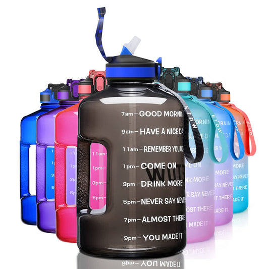 3.78L water bottles with straws, BPA free. Reusable with time markers. Large sports bottle with strong handle for sports, fitness, outdoor activities, hiking.