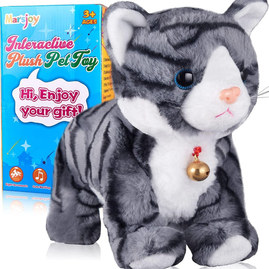 Marsjoy Interactive Plush Cat, plush toy, gray robot, with touch control, electronic cat pet, robot cat toy, animated toy for girls, kids, L: 30.5 cm.