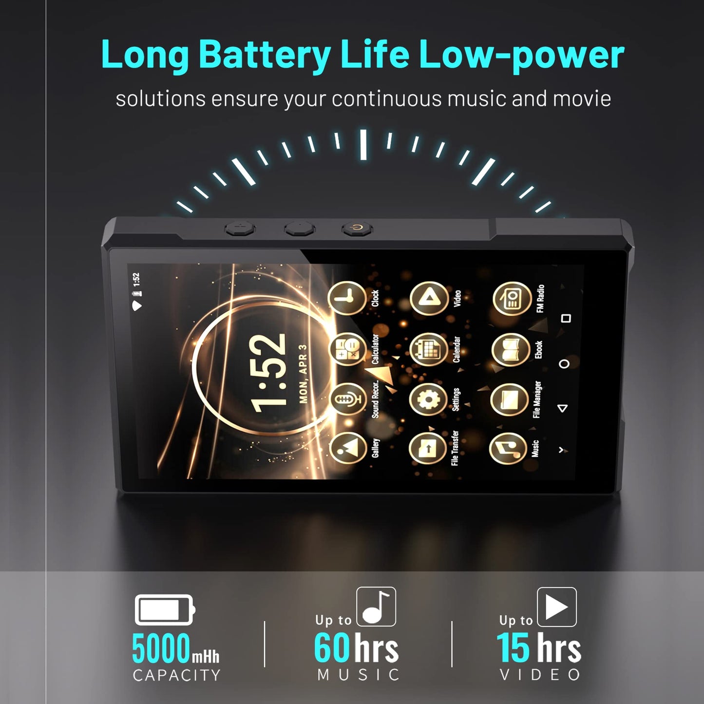 96GB MP3 player with Bluetooth, supports APK downloads, 5000mAh battery pre-installed Spotify, Audible, and 5.0 inch HD IPS Android MP4 music player.