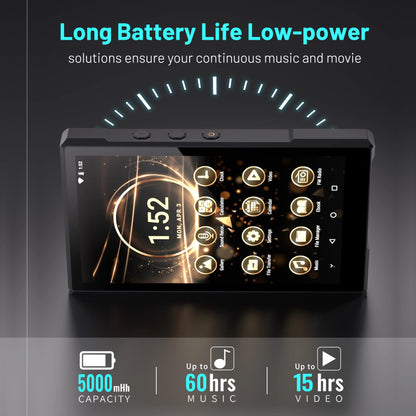 96GB MP3 player with Bluetooth, supports APK downloads, 5000mAh battery pre-installed Spotify, Audible, and 5.0 inch HD IPS Android MP4 music player.