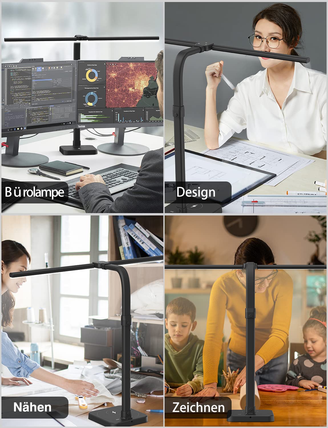 tantu desk lamp LED dimmable, 24W 80CM double head desk lamp, 5 color 5 brightness levels office lamp swan neck, desk lamp with base (black)
