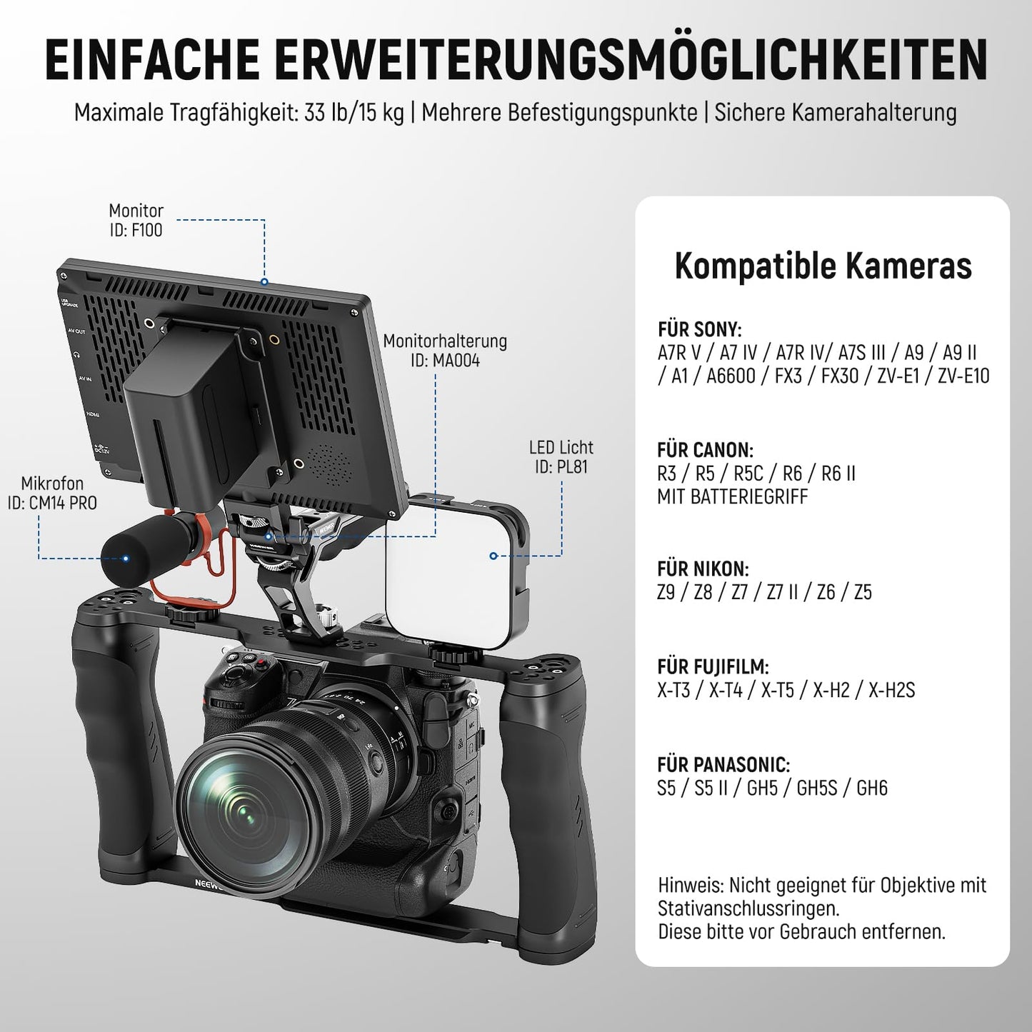 NEEWER Universal Camera Cage with Top Handle and 3/8" ARRI Locating Pins, Video Rig Stabilizer with Arca Swiss Base, Two Hand Grips, compatible with SmallRig Accessories, CA016T.