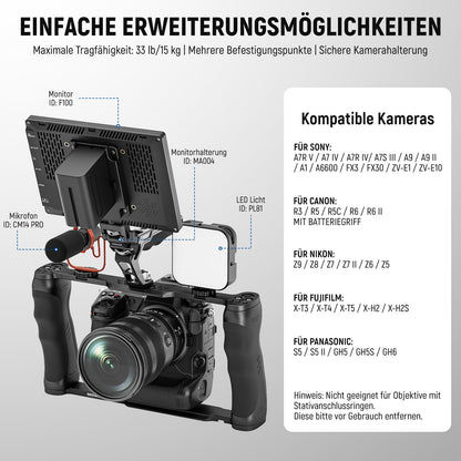 NEEWER Universal Camera Cage with Top Handle and 3/8" ARRI Locating Pins, Video Rig Stabilizer with Arca Swiss Base, Two Hand Grips, compatible with SmallRig Accessories, CA016T.