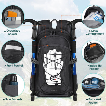 RAINSMORE hiking backpack for men and women 40L waterproof lightweight travel backpack trekking backpack with reflective strips for climbing, cycling, mountaineering, and travel Black