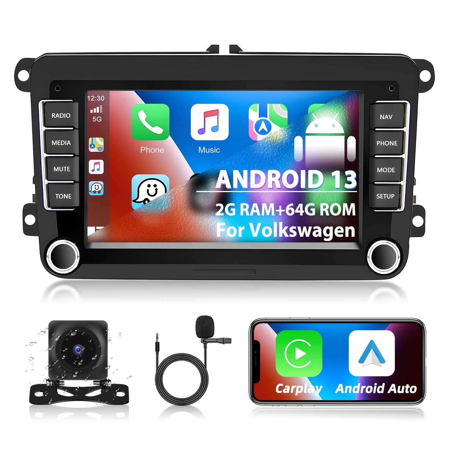 Podofo 2+64G car radio for VW Golf 5 6 Polo Seat Skoda with Wireless Carplay Android Auto, 7-inch Android 13 car radio with screen, Bluetooth, WLAN, GPS, RDS + rearview camera & microphone