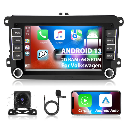 Podofo 2+64G car radio for VW Golf 5 6 Polo Seat Skoda with Wireless Carplay Android Auto, 7-inch Android 13 car radio with screen, Bluetooth, WLAN, GPS, RDS + rearview camera & microphone
