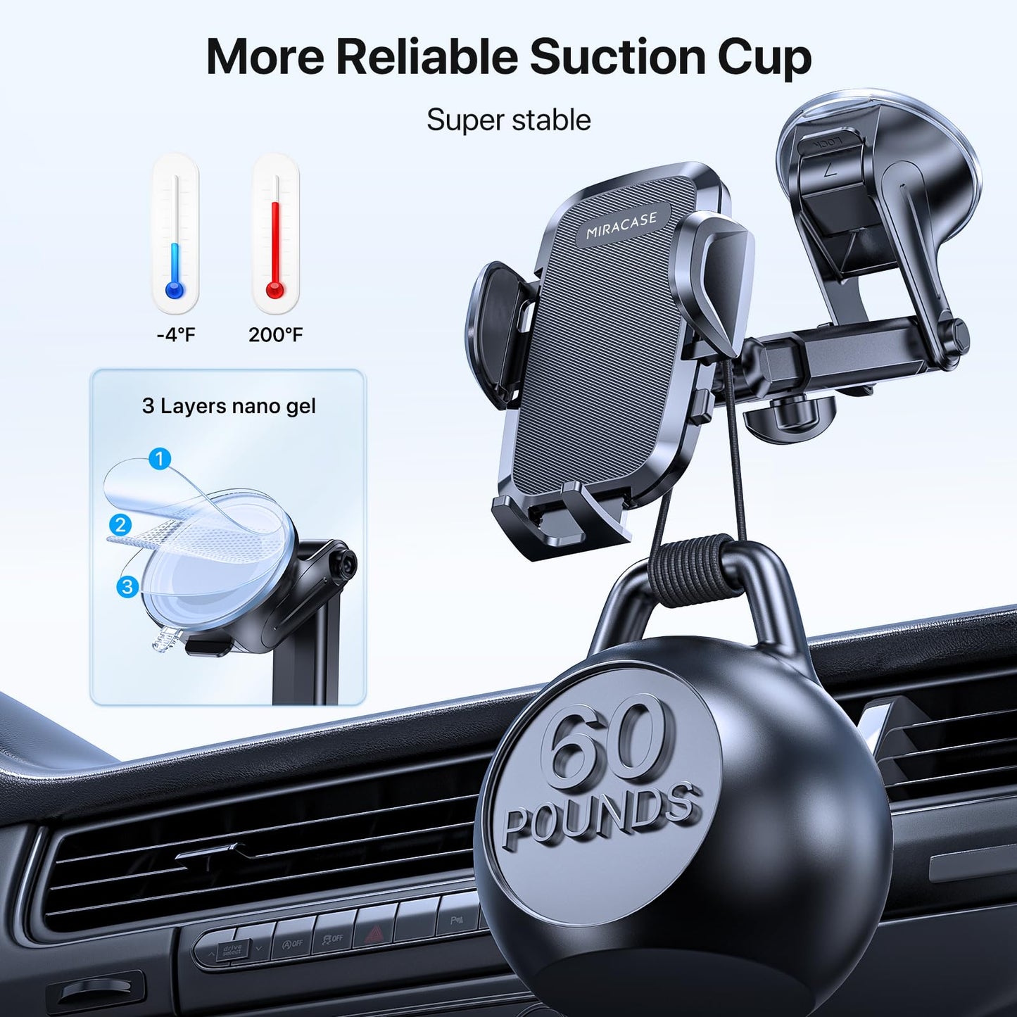 Miracase car phone holder [Improved suction cup & metal double hook] Phone holder for car air vent dashboard windshield, car phone holder for iPhone Samsung Galaxy all smartphones