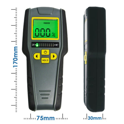 4-in-1 moisture meter without pins with digital LCD display featuring tricolor graphics for drywall, masonry, softwood, and hardwood with auto calibration & alarm.