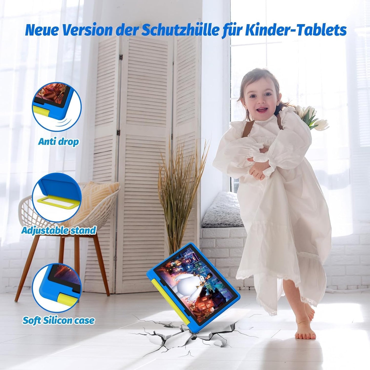 Freeski Kids Tablet 10.1 inch, Android 14 tablet for kids with parental control app, 8GB+64GB+1TB expandable storage, 5MP+8MP cameras, 5000mAh battery, Wi-Fi 6, Bluetooth 5.0, Type-C (Blue)
