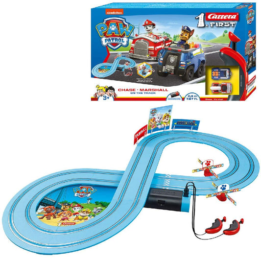 Carrera 369-3033 FIRST PAW PATROL On the Track 2.4m Racing Set | 2 remote-controlled vehicles featuring Chase and Marshall | includes hand controller + Duracell Plus C Alkaline Batteries, 4-pack