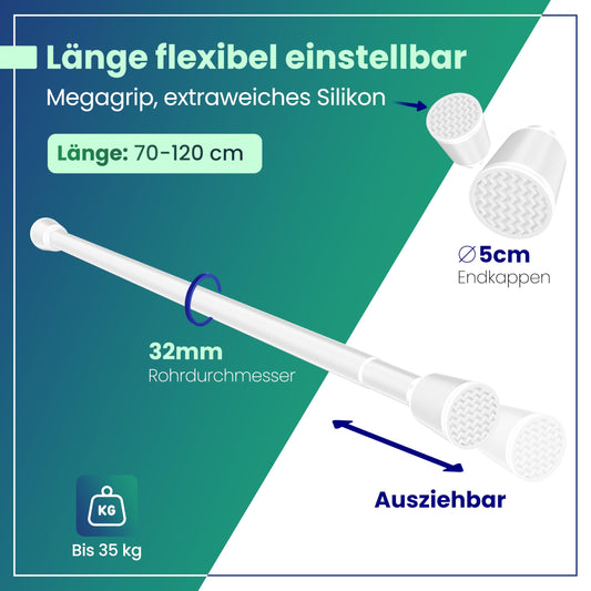 LOBUX® - Curtain rod without drilling [white, 70-120cm] - Telescopic rod extendable - Shower rod without drilling - Curtain rod, shower curtain rod, clothes rod, clamp rod cat net