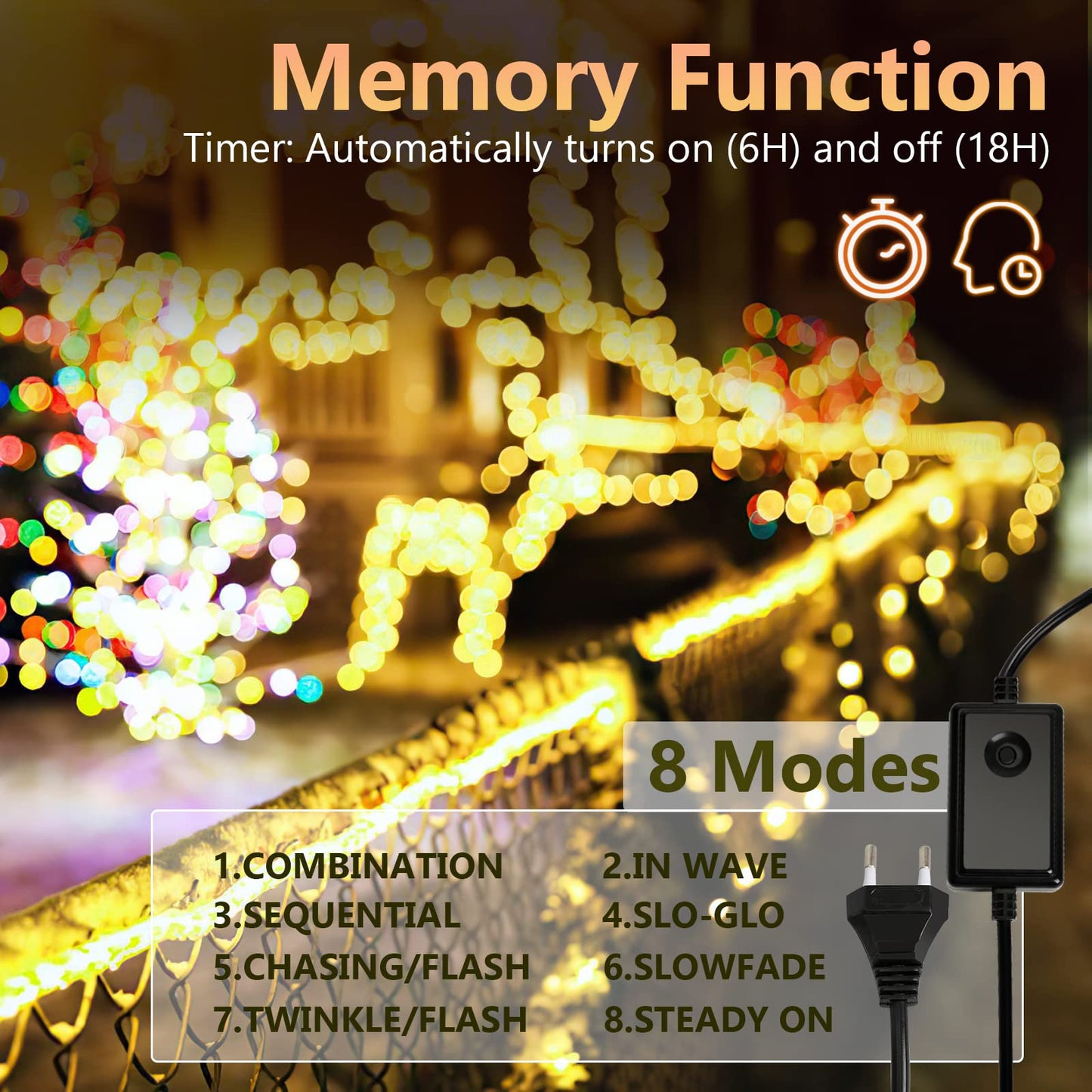 Ikodm LED light rope outdoor 1200 LEDs 50m light rope with timer 8 lighting modes waterproof string lights powered by electricity for indoor party Christmas Halloween wedding, warm white