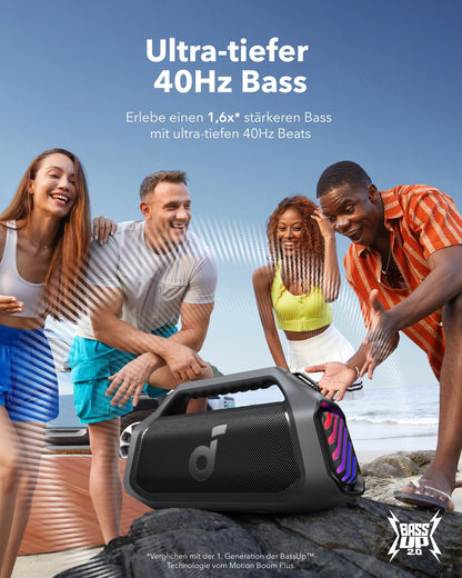 soundcore Boom 2 Plus outdoor speaker, 140W, 2+2 Channel, BassUp 2.0, 20h battery life, Fast Charge, IPX7 waterproof, RGB lights, USB-C, Power Bank, BT 5.3, portable Bluetooth speaker, Camping