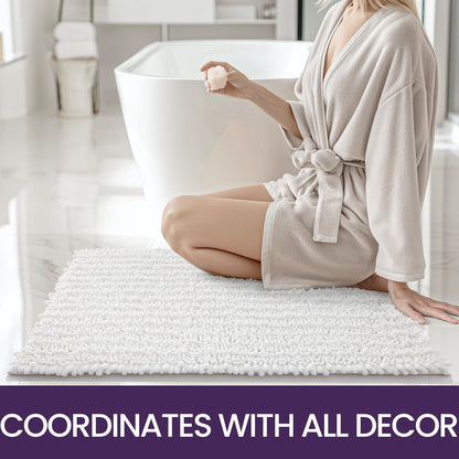 DEXI Bathroom Rug 60 x 110 cm, Chenille bath mat non-slip, soft bath mat machine washable, super absorbent bath rug for bathtub, shower, and bathroom, White.