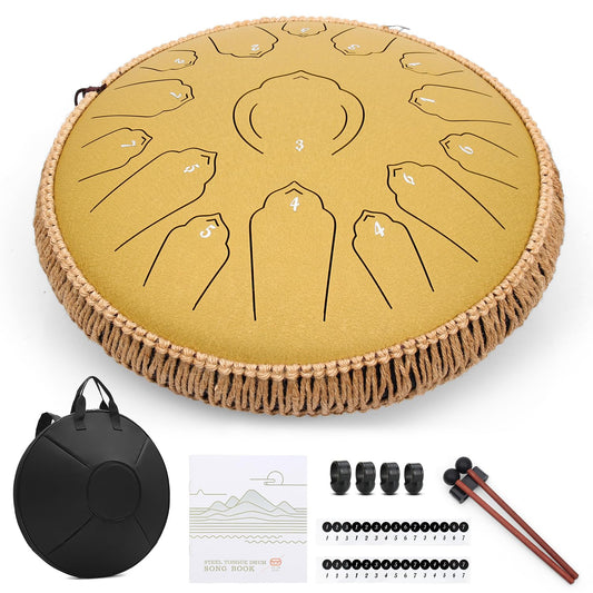 AMKOSKR Steel Tongue Drum, 14 inch 35 cm Steel Tongue Drum, C major 15 notes, Hand Drum HandPan Drum with Drumsticks/Carrying Bag (Gold)