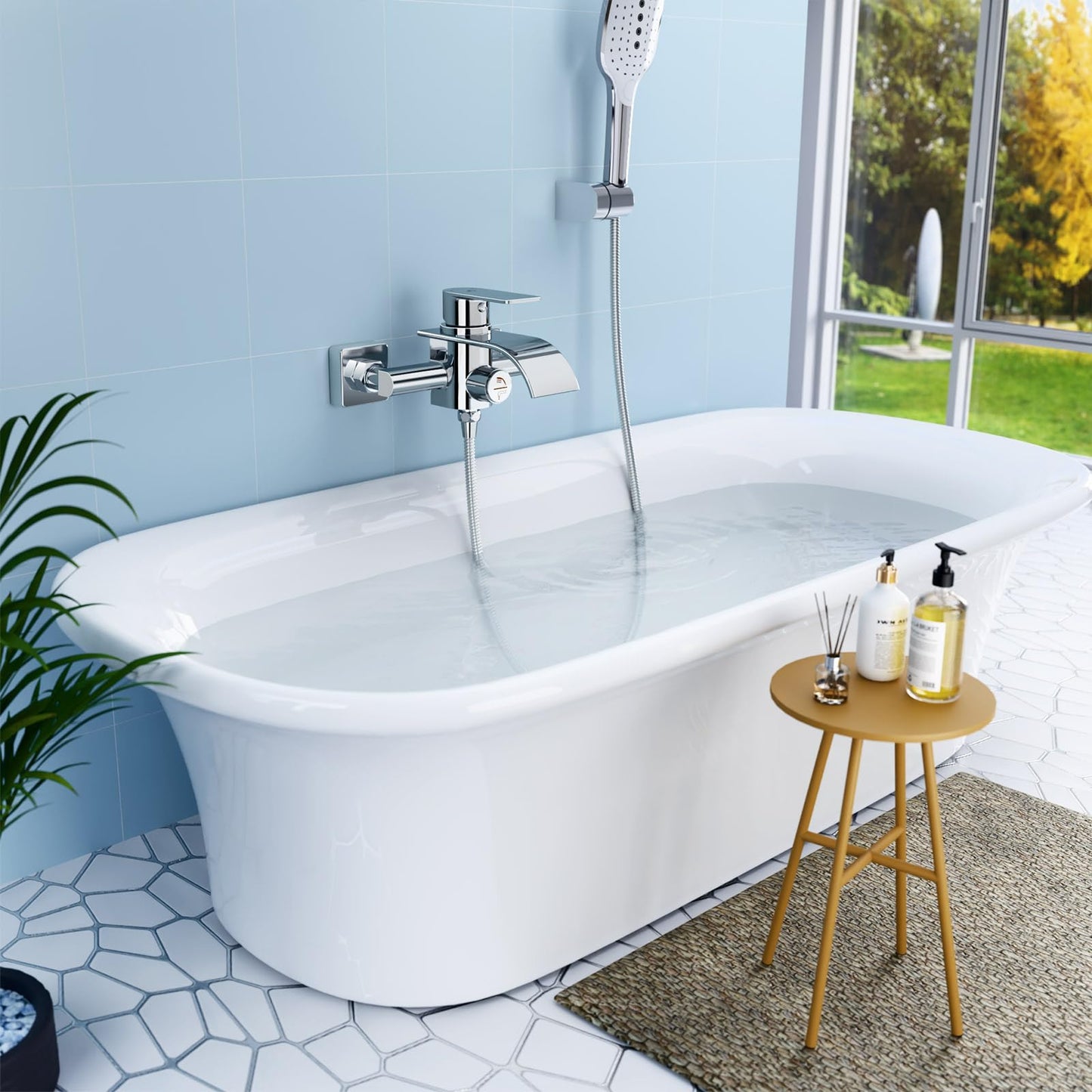 KULACO bathtub faucet waterfall, bathtub faucet mixer with pressure switch, single lever bathtub fixture made of brass, bathroom shower fixture surface-mounted tub faucet for bathroom - chrome