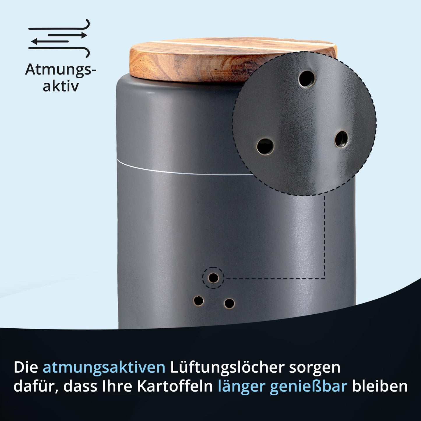 KHG Potato Onion Garlic Storage 3pc Set, Ceramic Stoneware polished, Charcoal Gray Wood Lid Bamboo, Ornate Script, Capacity 3L & 1.5L
