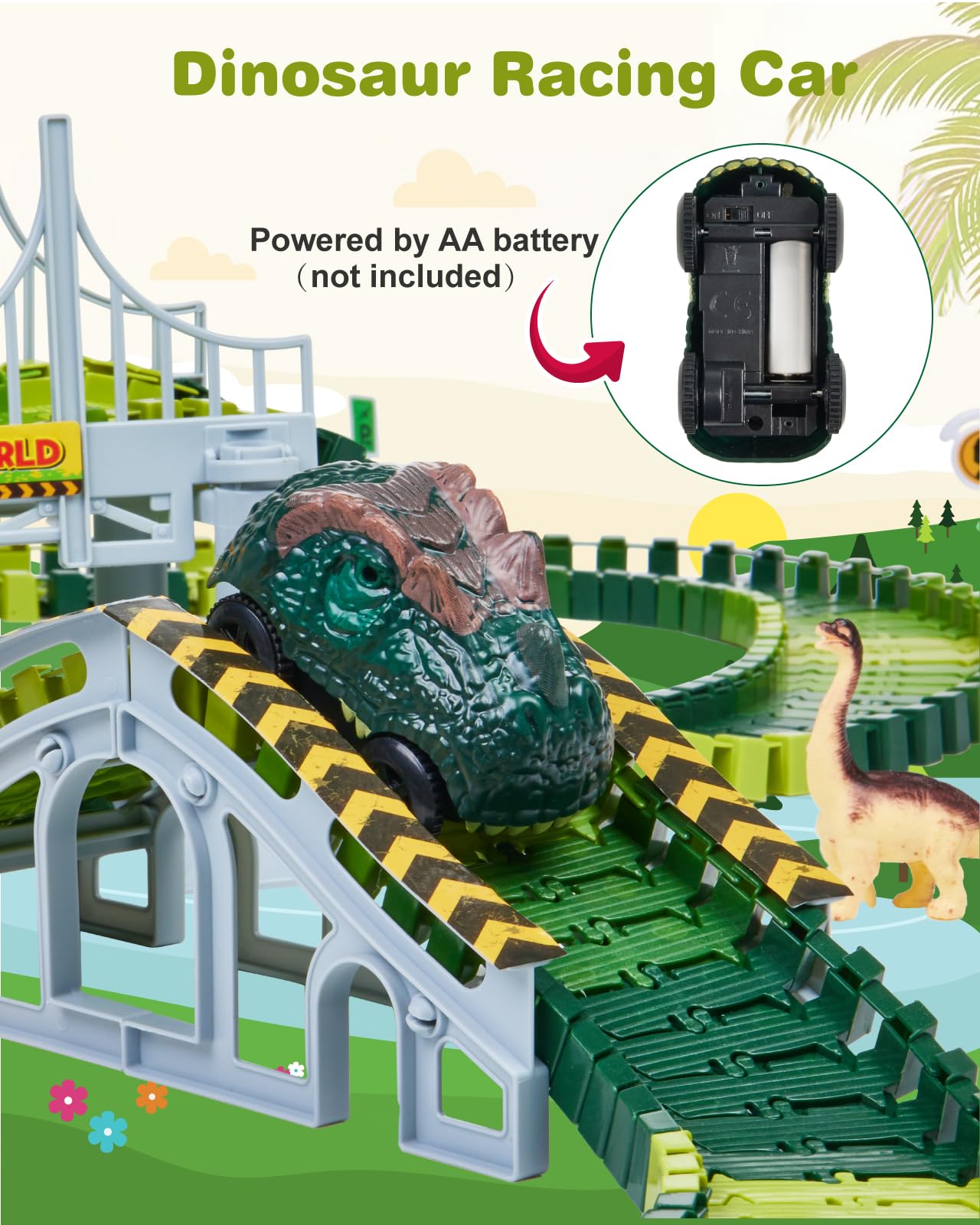 Gleamkid Dinosaur Toys Car Racing Track, Flexible Car Racing Track Railway Playset, Dino Cars Toy, Racing Track Set with many parts, Gift for Kids