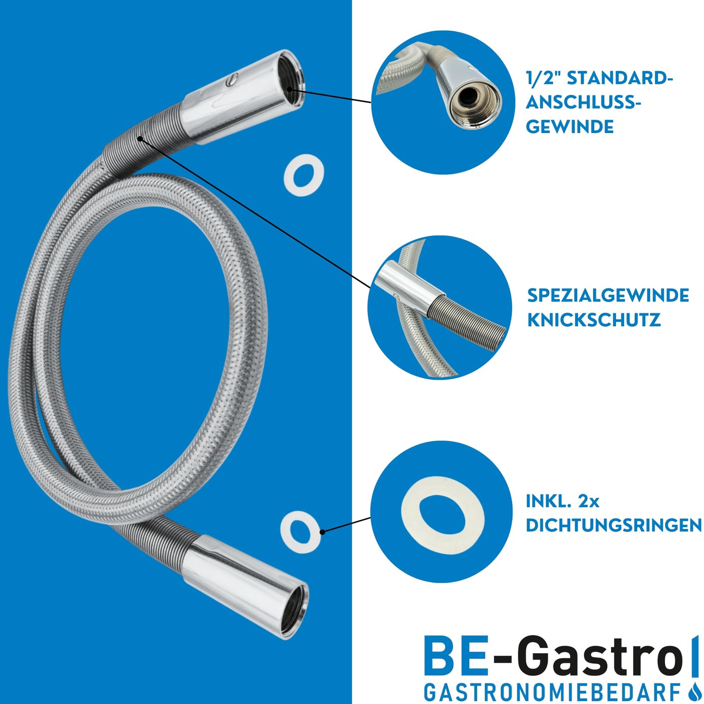 BE-GASTRO® I Professional gastro hose with 120cm shower hose including special kink protection | 1/2" standard AG | Replacement hose for dish sprayer/gastro sprayer gastro hose 1200mm