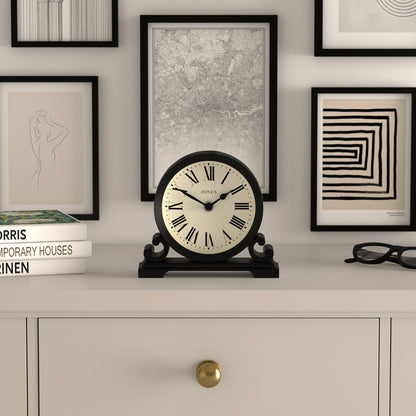 JONES CLOCKS® Saloon Mantel Clock | Traditional double bell design | Black | Roman numerals | Classic style for desk, table, shelf, or nightstand