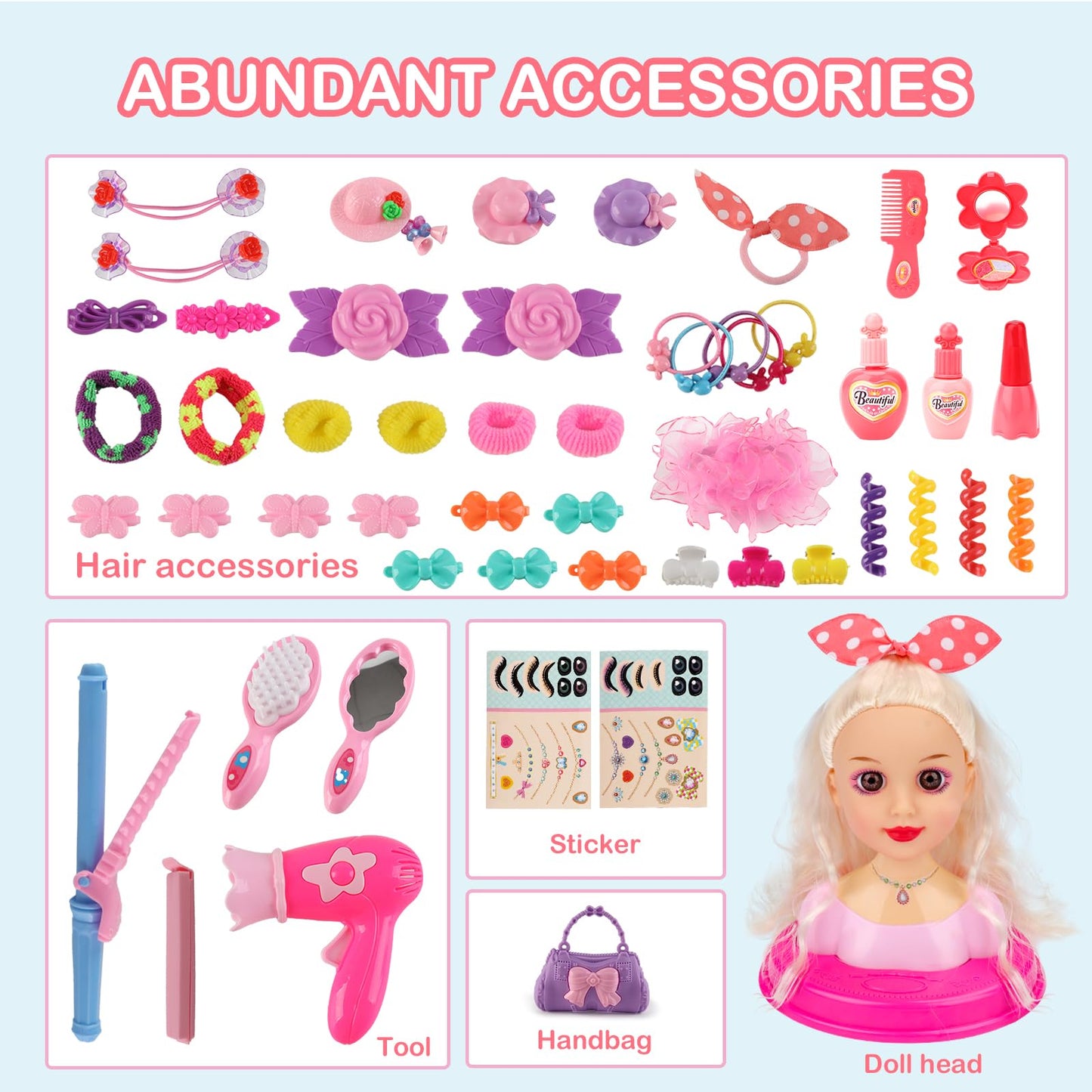 deAO Styling Head Doll for Kids, Styling Doll Head with Hair Dryer, Styling Head for Princess Dolls, Hair & Makeup Accessories, Toy for Girls 3+ years old