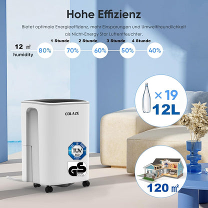 COLAZE Dehumidifier, 12L/24h Electric Dehumidifier, Suitable for Room Sizes up to 120m³ (30m²), Quiet Dehumidifier with Digital Display, Room Dehumidifier for Basement Bedroom Bathroom