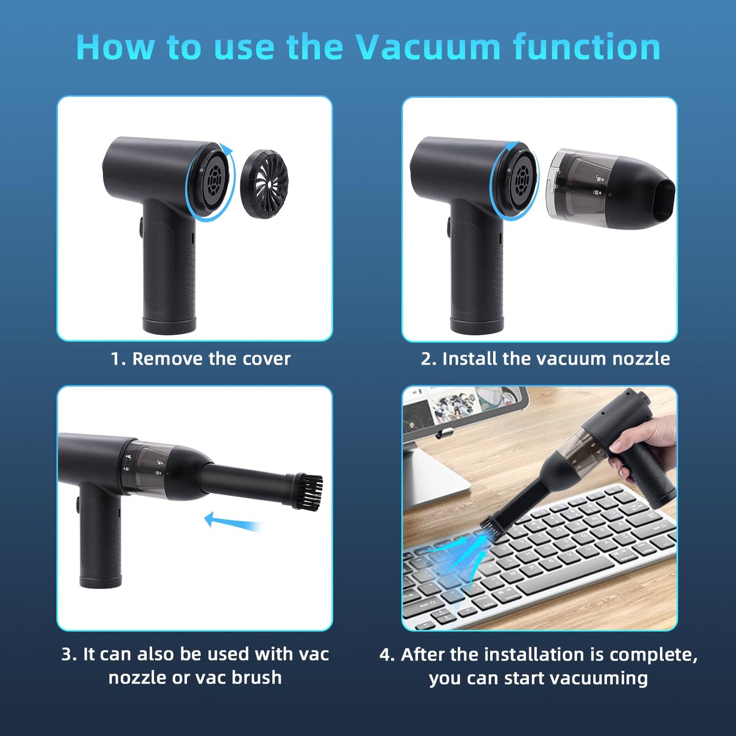 McBazel 2 in 1 Electric Air Duster Keyboard Cleaner, Rechargeable Handheld Vacuum with Power Indicator 43000/47000/51000rpm Speed/8 Nozzles & Brush for Office/Car/Sofa
