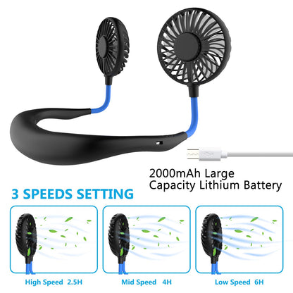 Ultra-light neck fan, USB neck fan, neck fan, quiet, 3 speeds, LED light, portable neck fan for outdoor, indoor, camping, travel, sports - black & blue.
