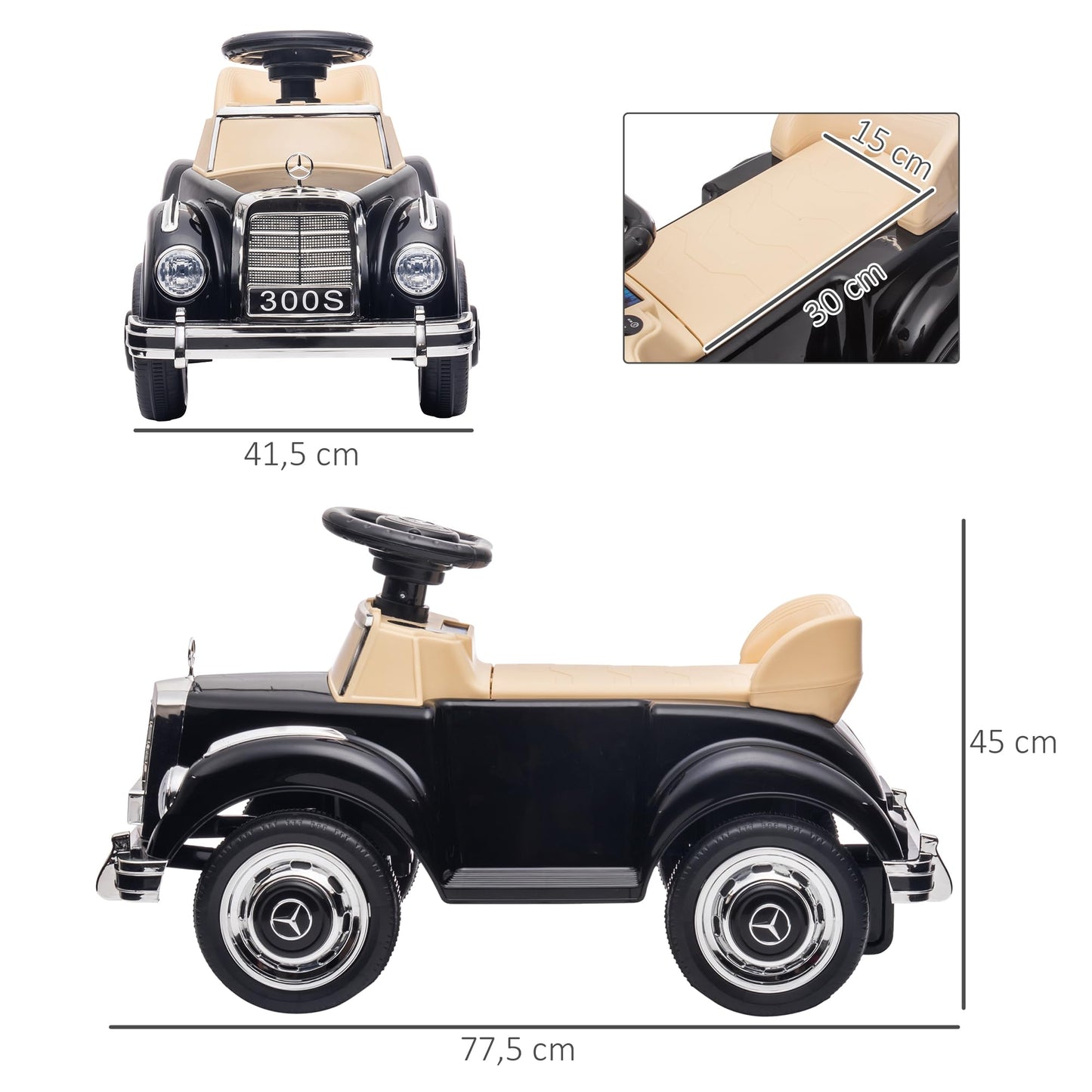 AIYAPLAY Ride-on Car, kids' vehicle with storage space and tip-over protection for 18-48 months old children, black, 77.5 x 41.5 x 45 cm.